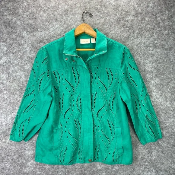 Chicos Jacket Womens 1 Small Green Eyelet Cutout Embroidered Zip Front - Picture 1 of 11